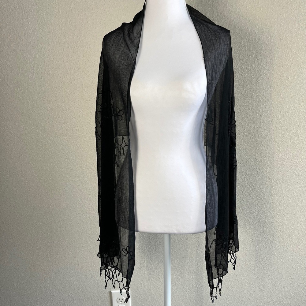 VTG Black Beaded Floral Embroidered Sheer Shawl Wrap Fringe Whimsigoth Vamp Y2K - Picture 2 of 9